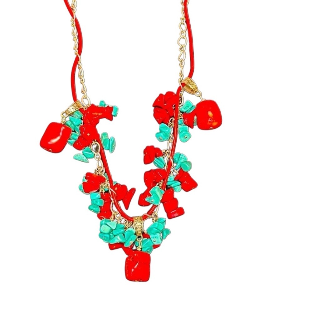 TURQUOISE CORAL Genuine Vinyl Cord & Silver Tone Chain Boho - Picture 12 of 13